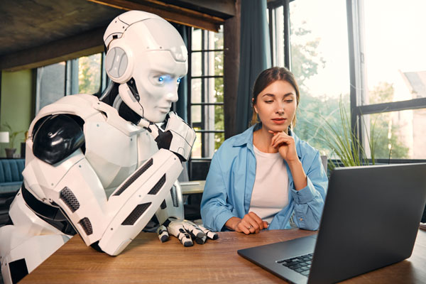 robot-and-woman-working-on-laptop-in-office